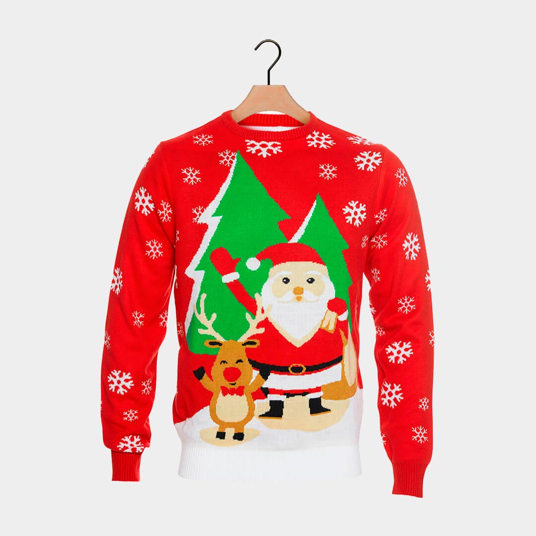 Maglione Natalizio Rosso con Babbo Natale e Renna che Salutano