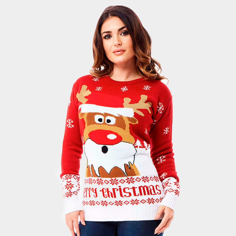 Maglione Natalizio Donna Rosso con Renna Rudolph
