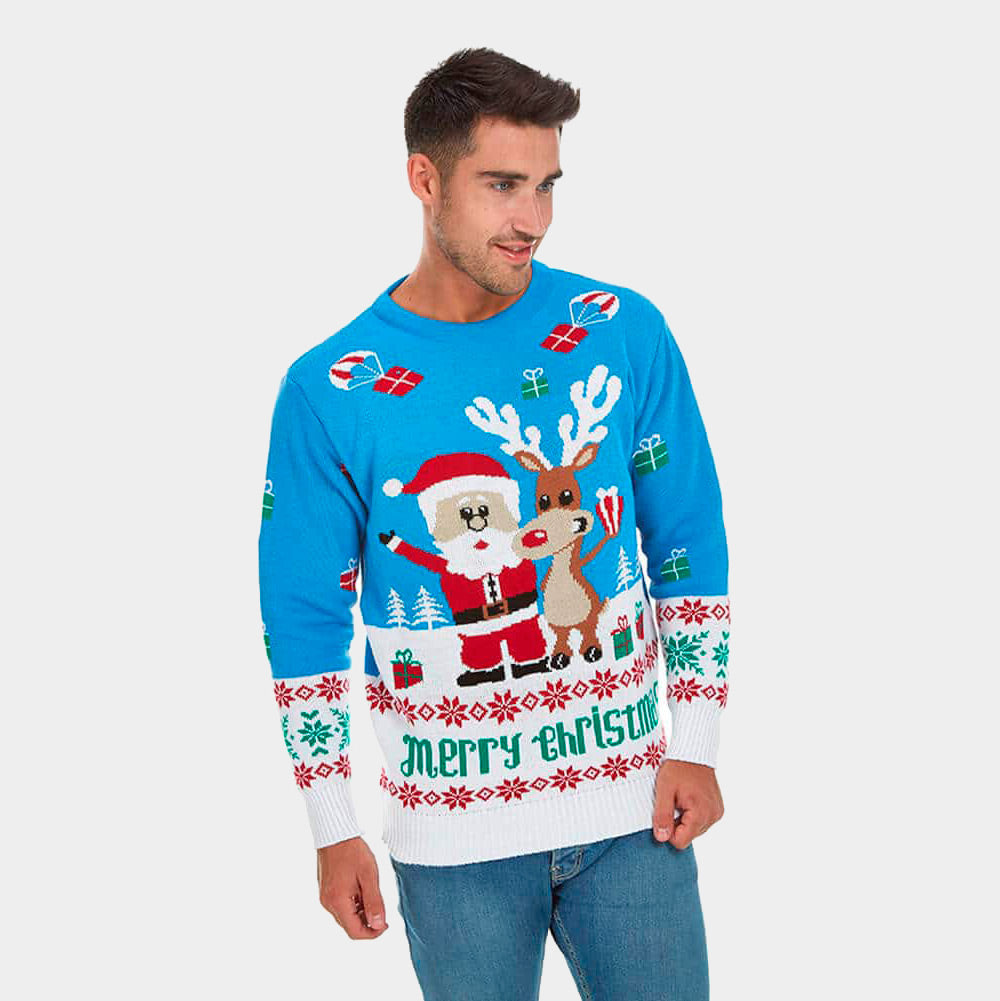 Maglione Natalizio Uomo Azzurro con Renna e Babbo Natale