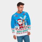 Maglione Natalizio Uomo Azzurro con Renna e Babbo Natale