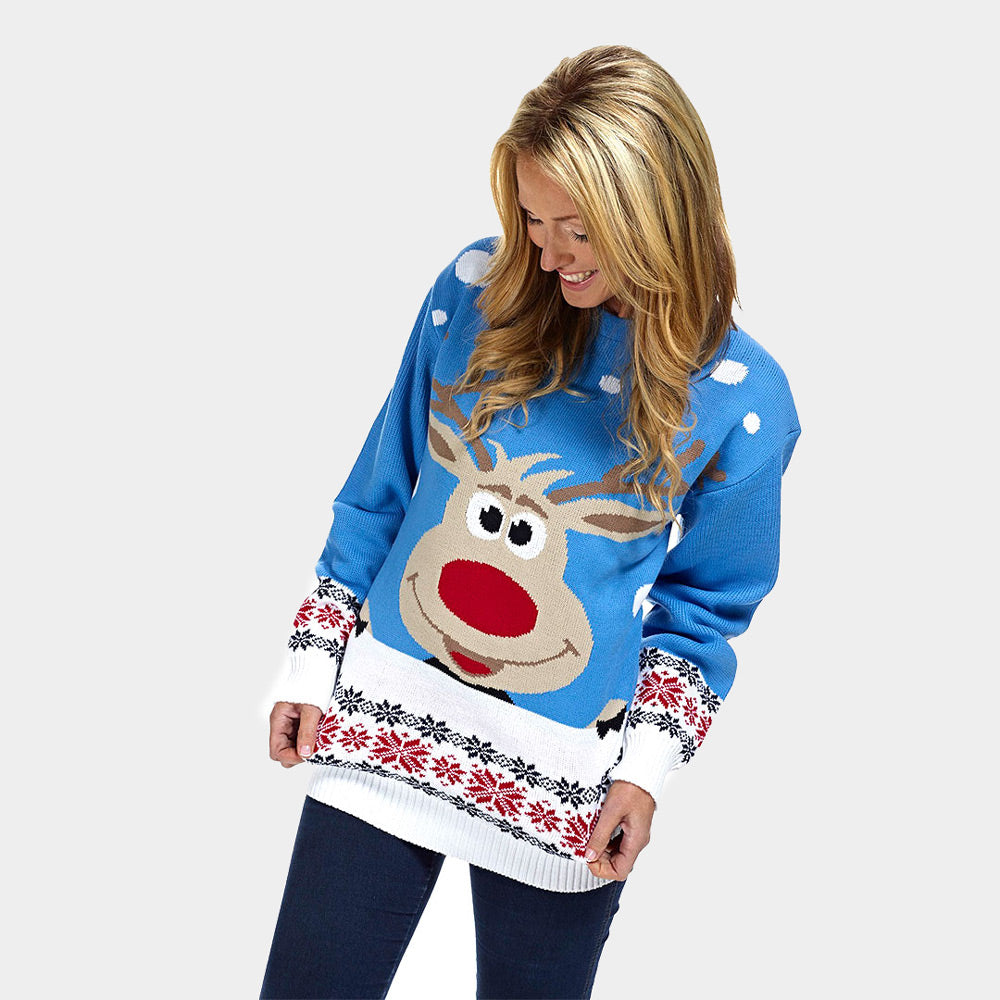 Maglione Natalizio da Uomo Azzurro con Renna e Neve Donna

