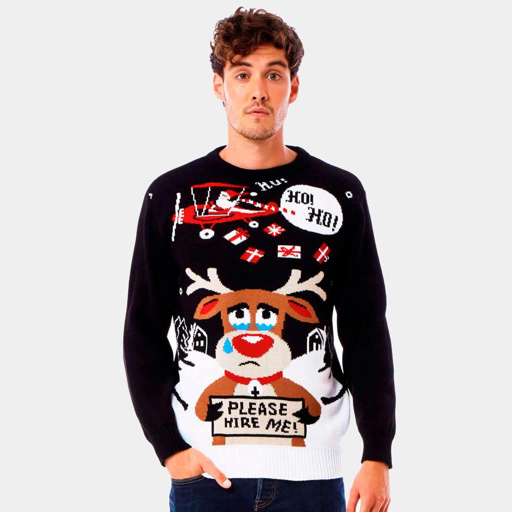 Maglione Natalizio Uomo Babbo Natale e Renna in Cerca di Lavoro
