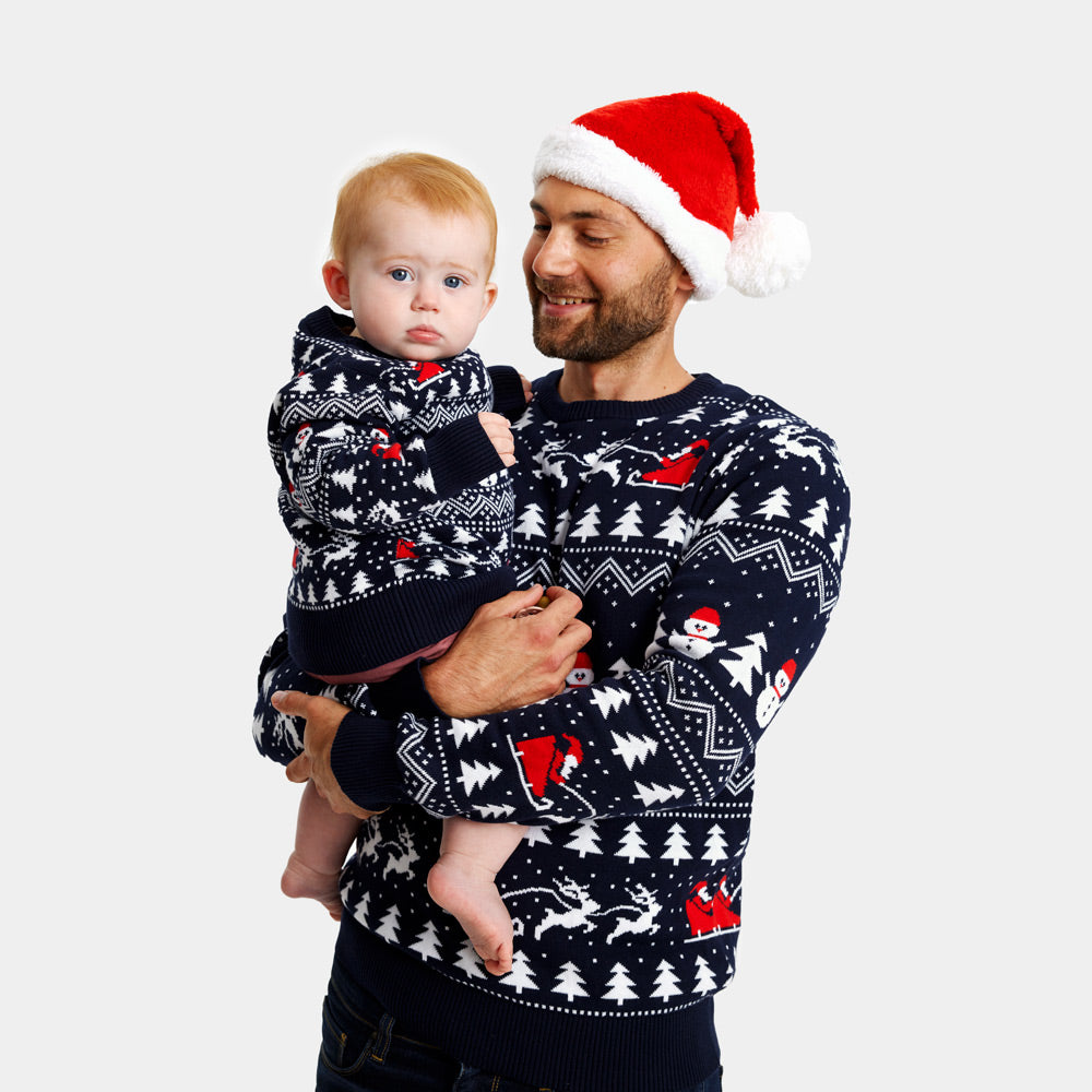 Maglione Natalizio la Famiglia Cotone Biologico Blu Alberi Pupazzi di Neve Babbo Natale