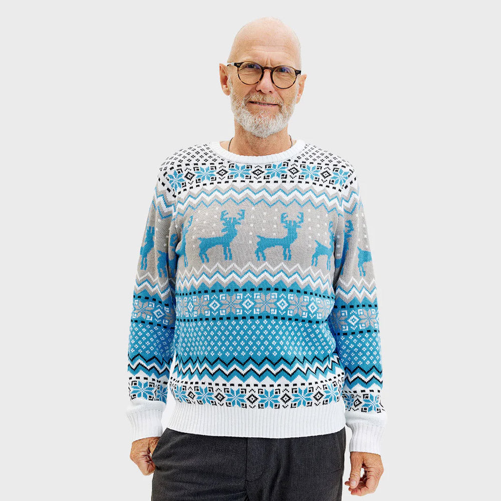 Maglione Natalizio da Uomo Bianco, Grigio e Blu con Renne Elegante