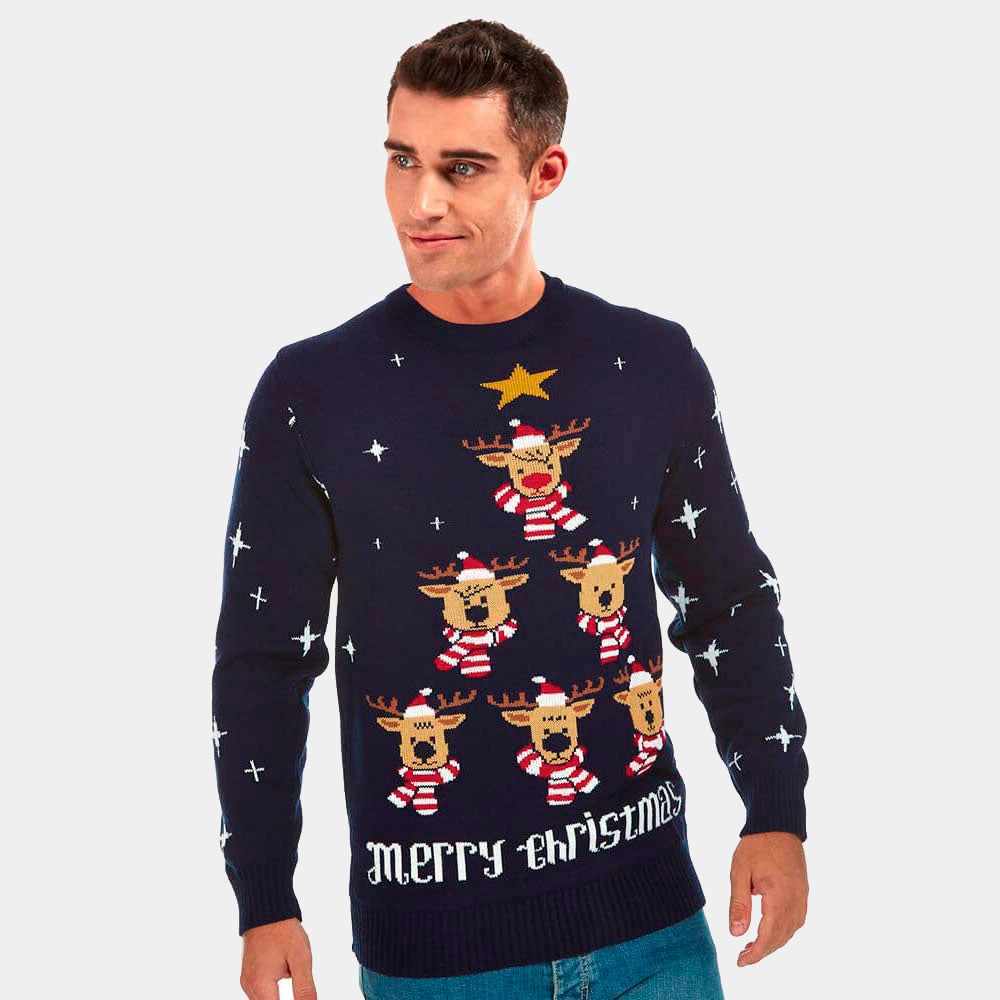 Maglione Natalizio Uomo Blu con Renne Albero Natalizio Stella
