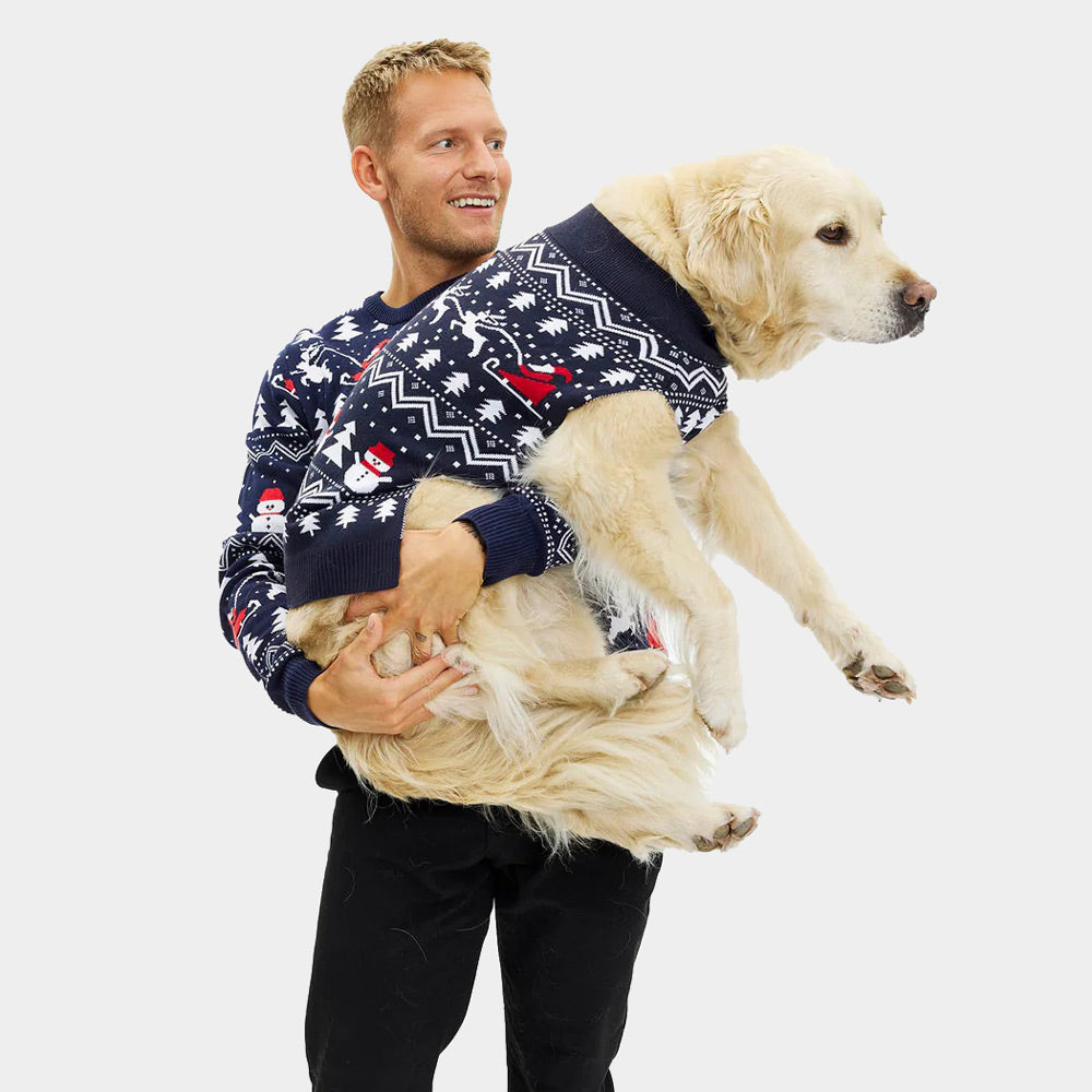 Maglione Natalizio Uomo Cane Cotone Biologico Blu Alberi Pupazzi Neve Babbo Natale