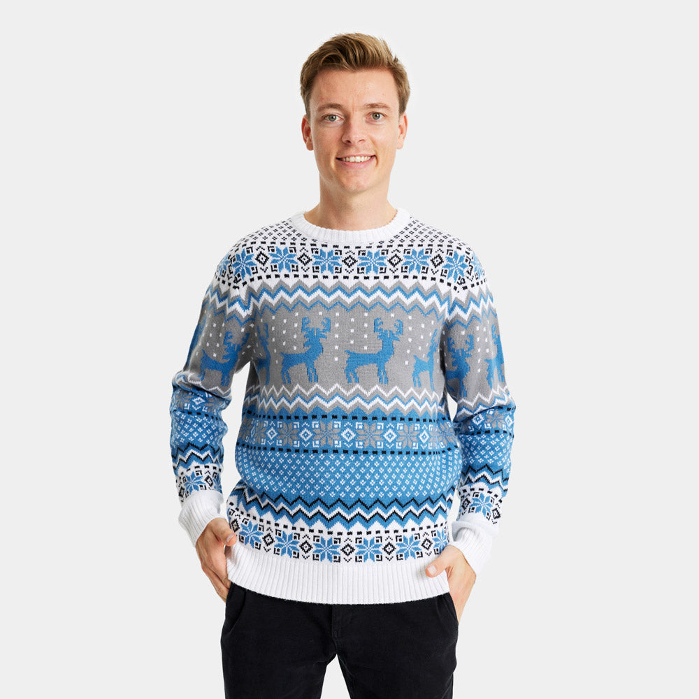 Maglione Natalizio Uomo Coppia Bianco, Grigio e Blu con Renne Elegante