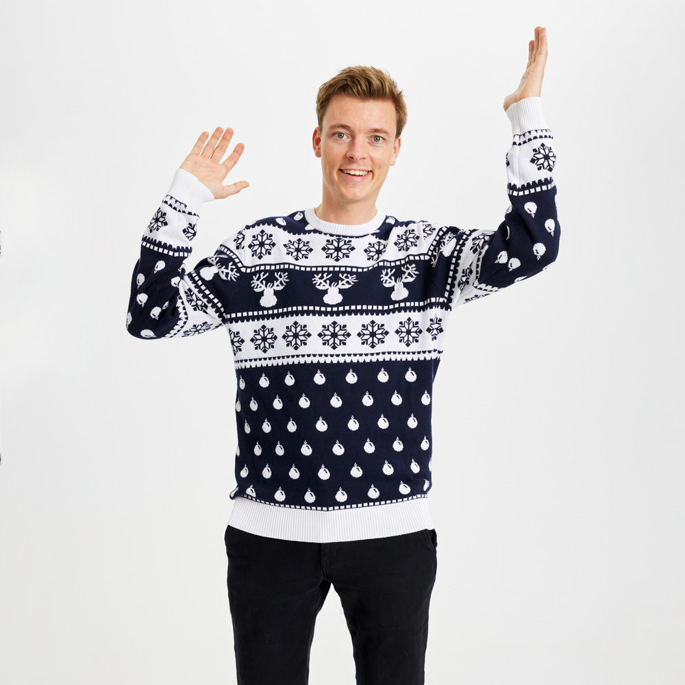 Maglione Natalizio Coppia Blu Uomo Renne e Neve