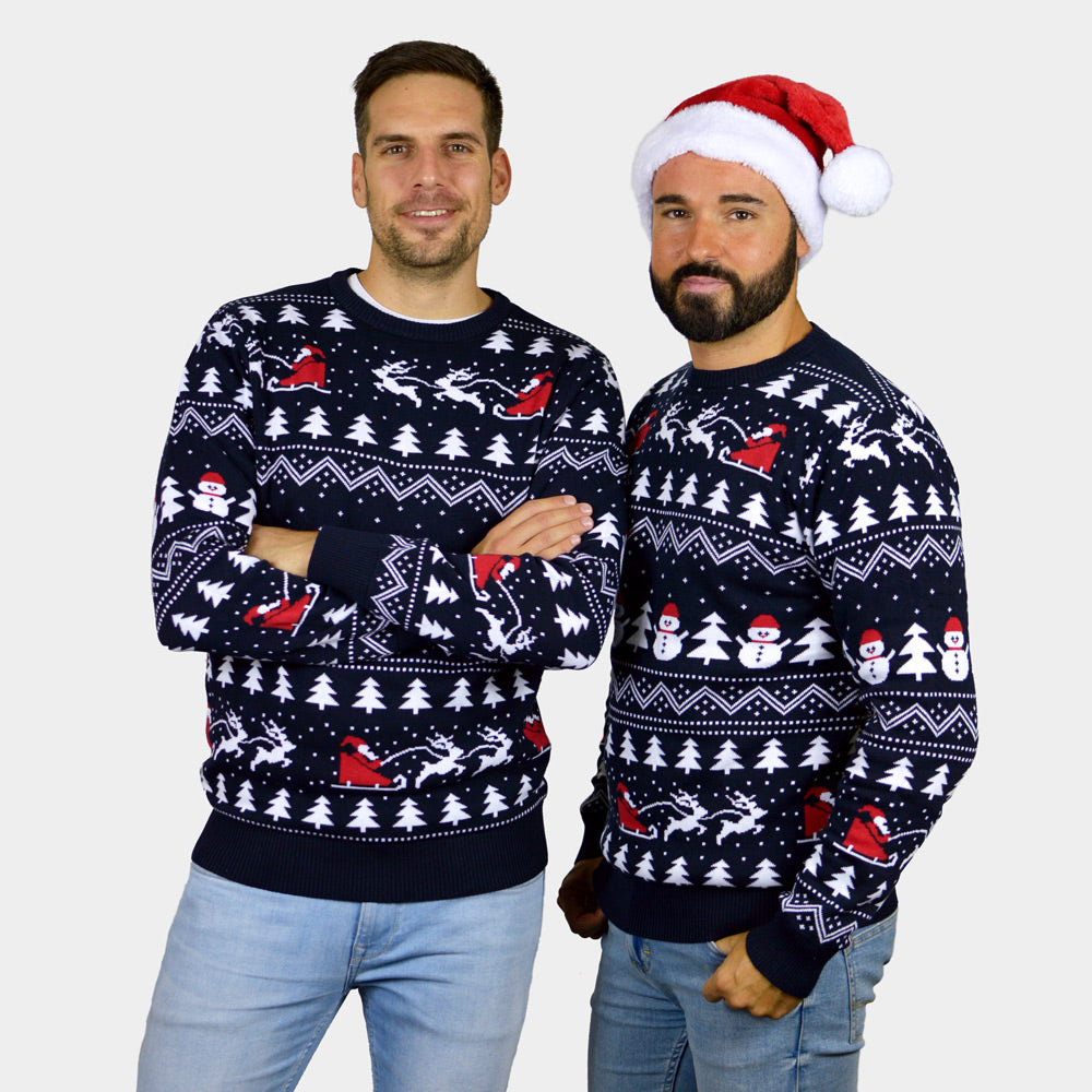 Maglione Natalizio Uomo Coppia Cotone Biologico Blu Alberi Pupazzi di Neve Babbo Natale