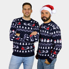 Maglione Natalizio Uomo Coppia Cotone Biologico Blu Alberi Pupazzi di Neve Babbo Natale