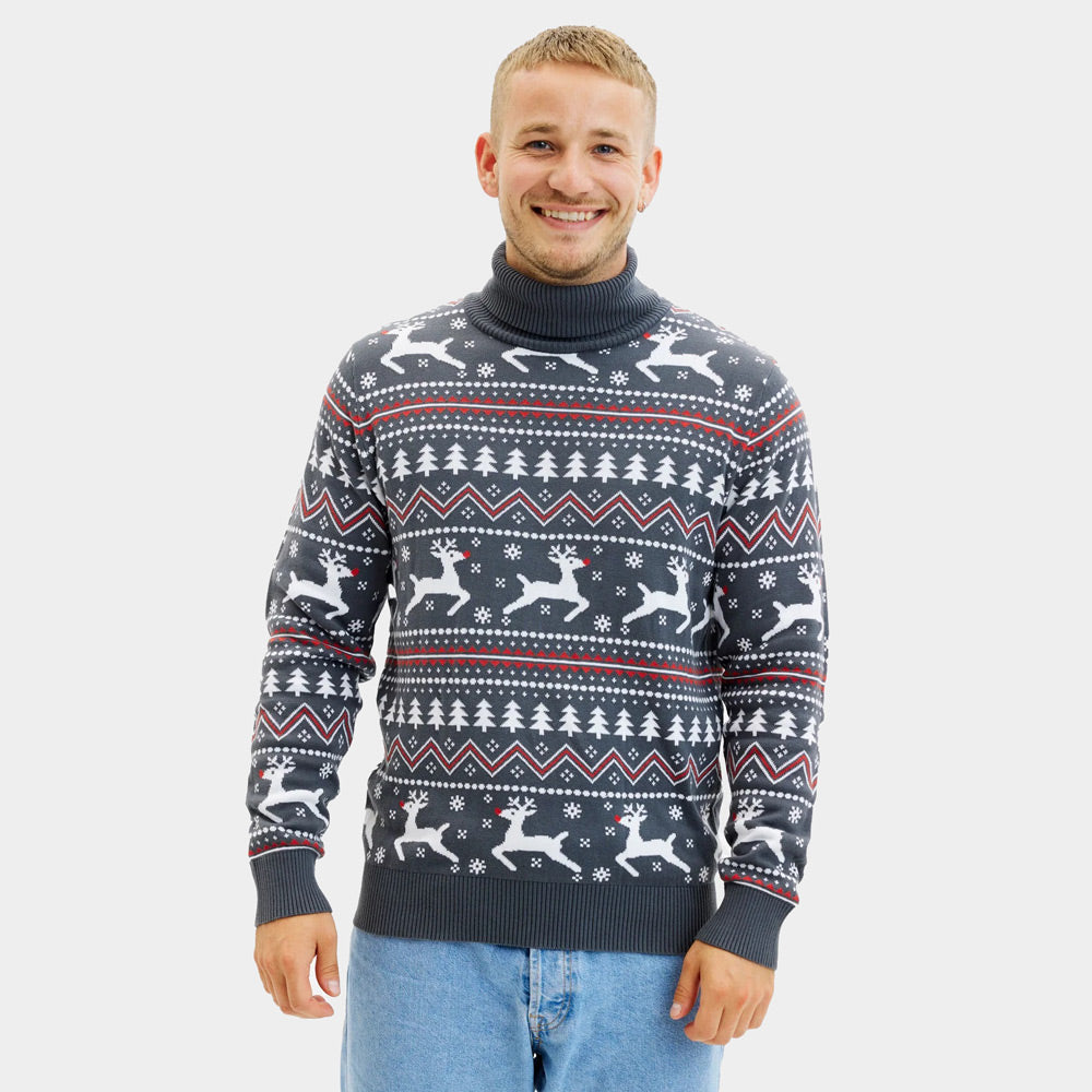 Maglione Natalizio Uomo Coppia in Cotone Biologico a Collo Alto Grigio con Renne