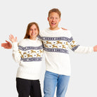Maglione Natalizio da Uomo Donna in Cotone Biologico Elegante Bianco con Renne