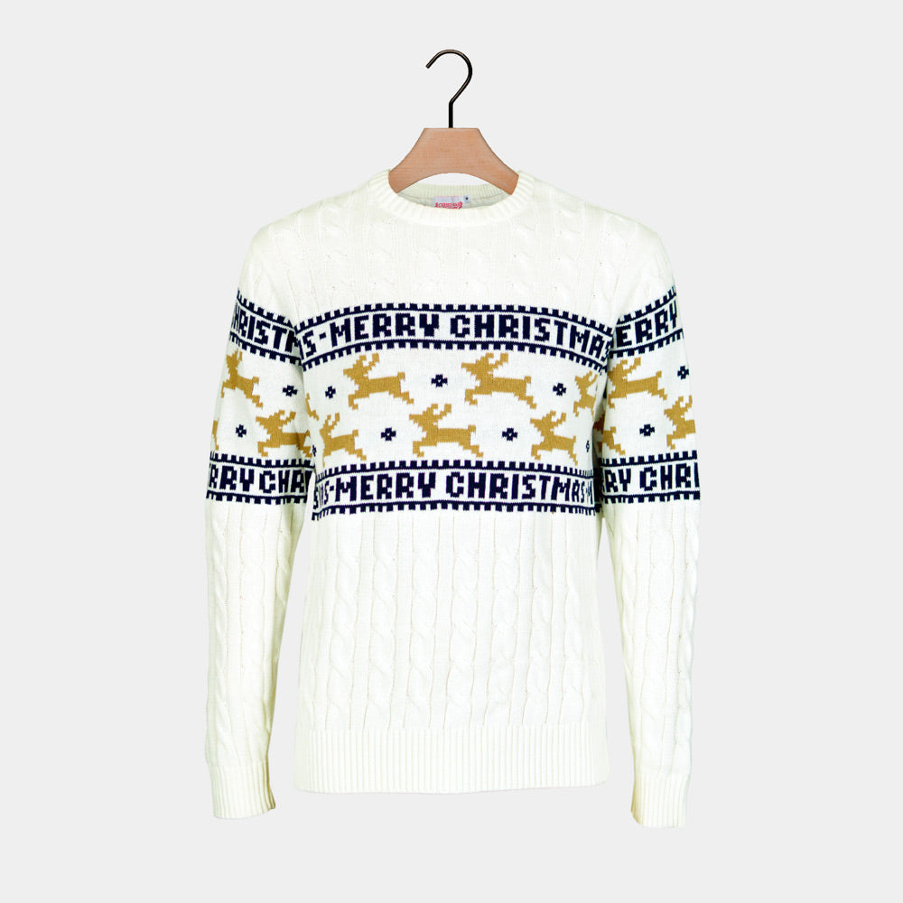 Maglione Natalizio da Uomo in Cotone Biologico Elegante con Renne Bianco 
