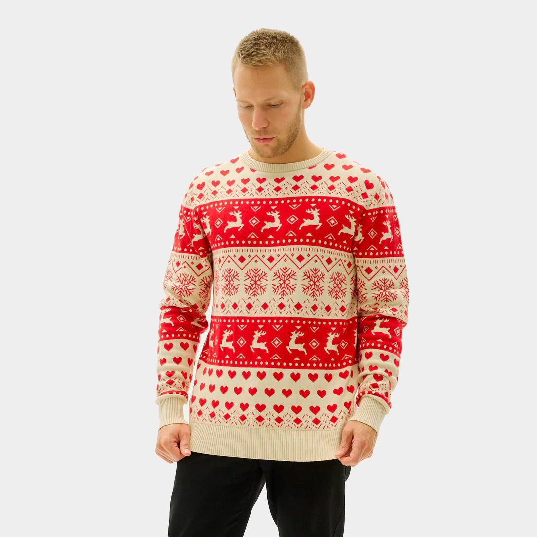 Maglione Natalizio Uomo Cotone Biologico con Cuori Rossi e Beige