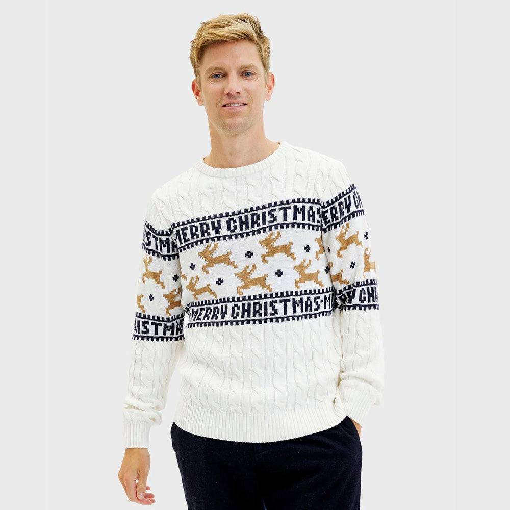 Maglione Natalizio Uomo  Elegante Bianco RenneCotone Biologico
