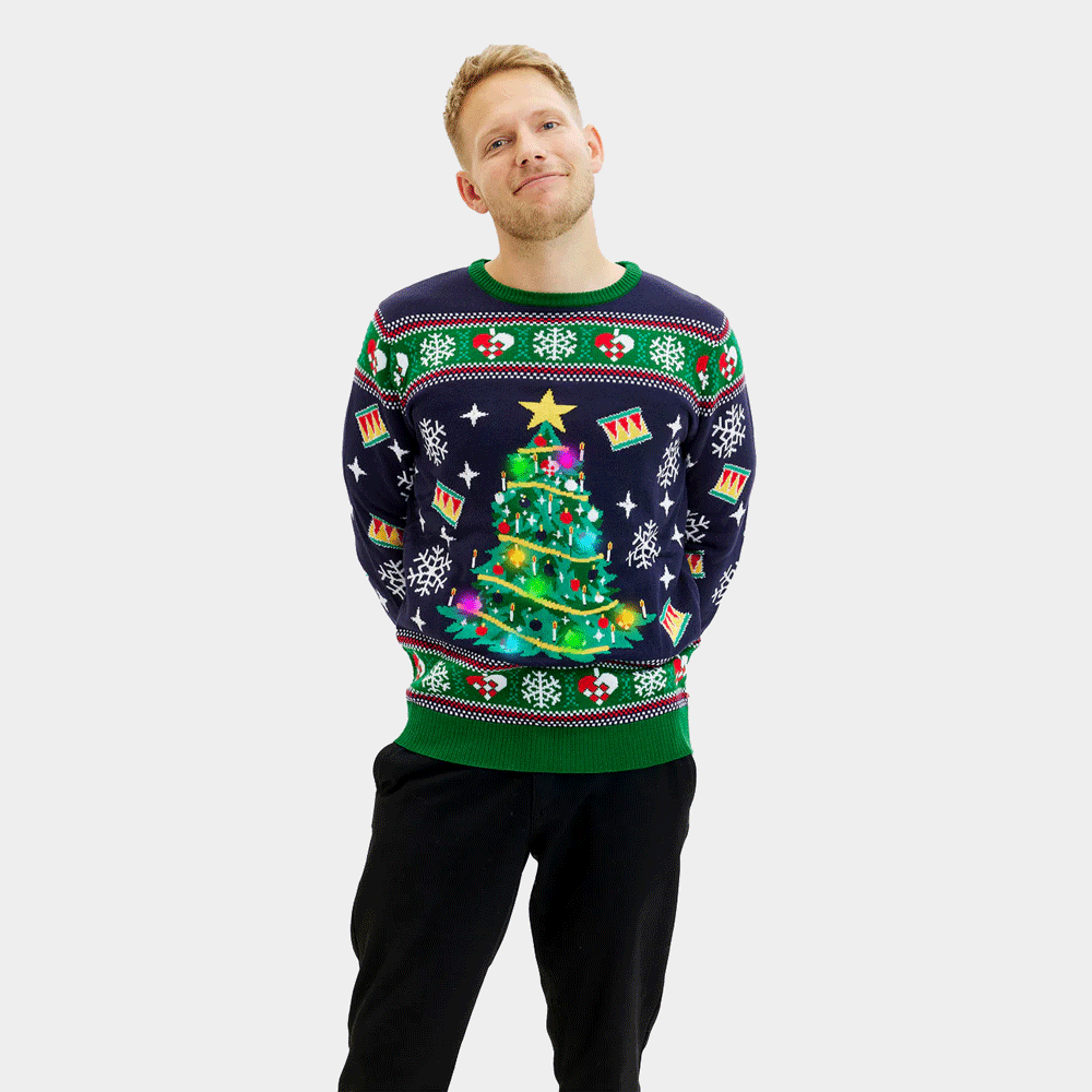 Maglione Natalizio da Uomo Luci LED Blu con Albero di Natale