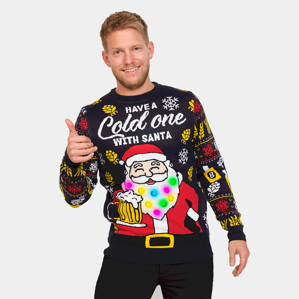 Maglione Natalizio da Uomo con Luci LED Babbo Natale con Birra