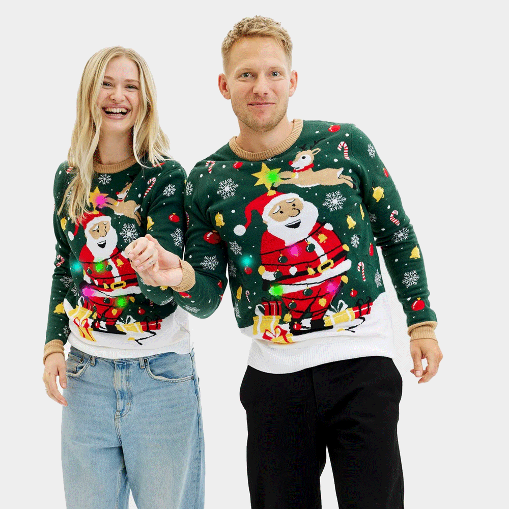 Maglione Natalizio da Uomo Donna Luci LED Babbo Natale in Confusione