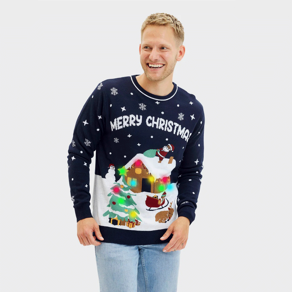 Maglione Natalizio da Uomo con Luci LED Blu Merry Christmas
