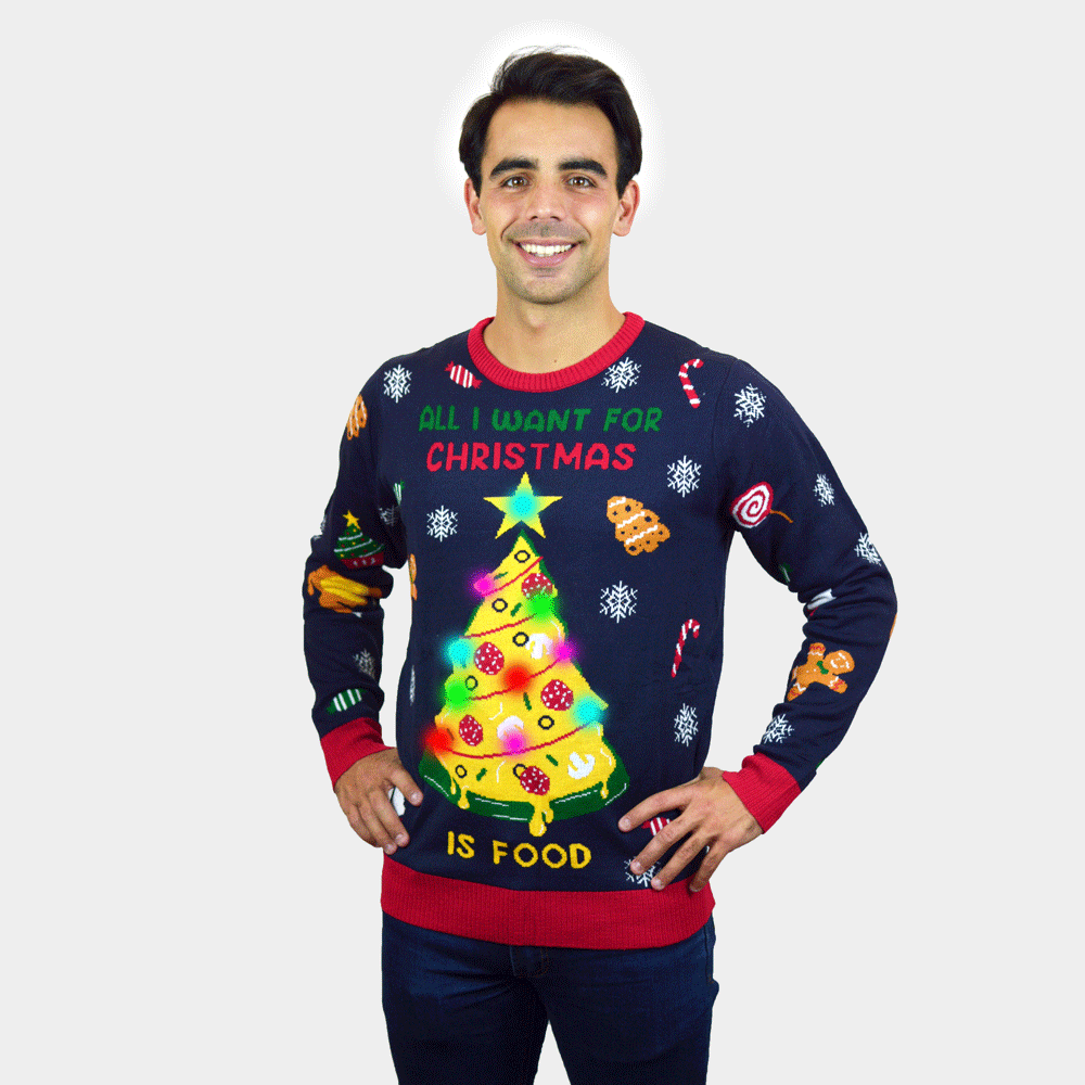 Maglione Natalizio da Uomo con Luci LED Cibo Natalizio