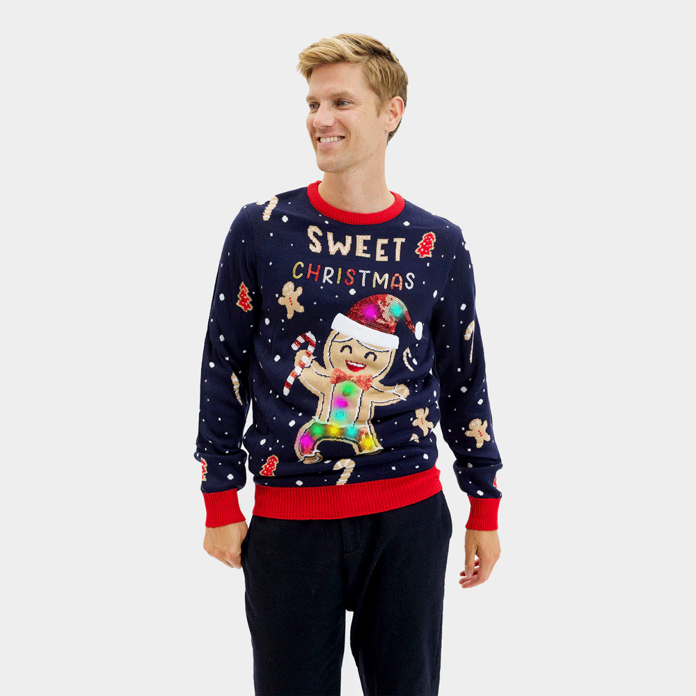 Maglione Natalizio Uomo Luci LED Uomo Blu Ginger Cookie