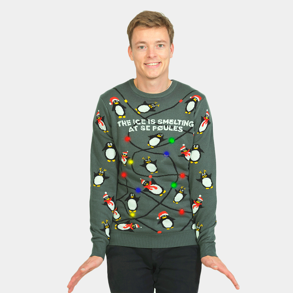 Maglione Natalizio da Uomo con Luci LED Grigio con Pinguini