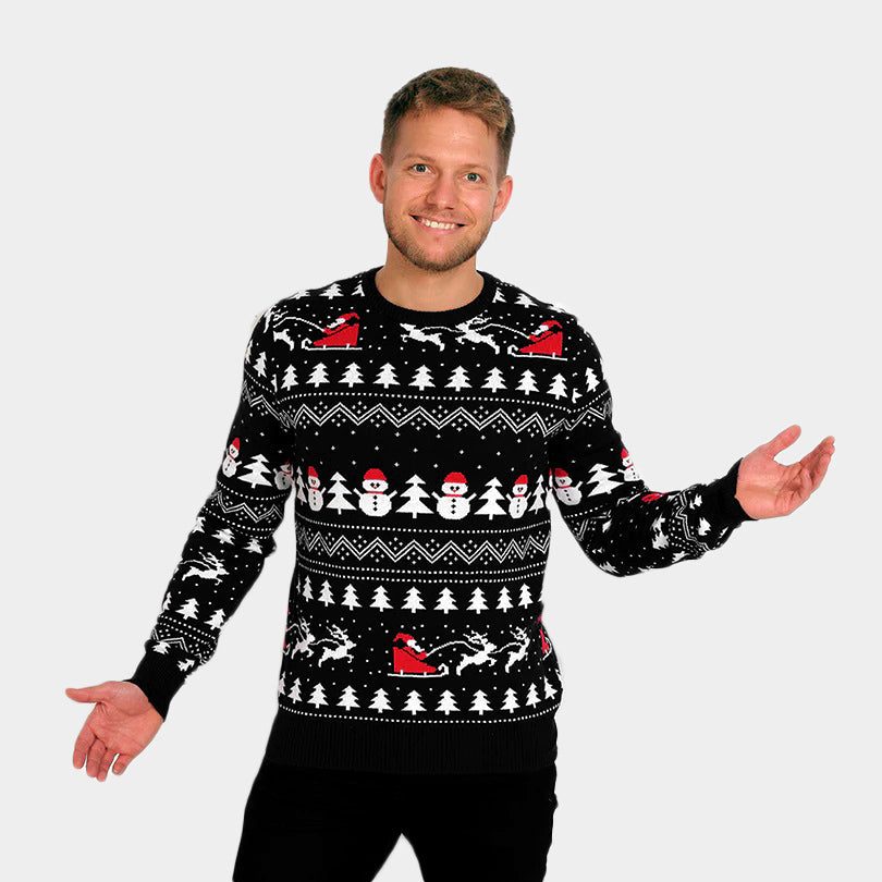 Maglione Natalizio da Uomo Nero Pupazzi di Neve e Babbo Natale Alberi

