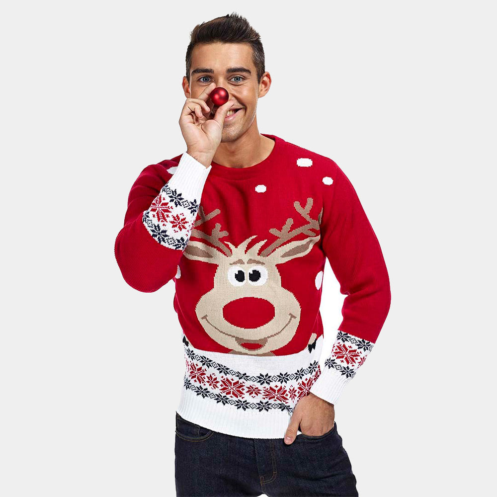 Maglione Natalizio da Uomo Rosso con Renna e Neve
