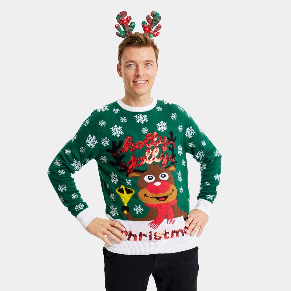 Maglione Natalizio Uomo Verde Holly Jolly con Paillettes