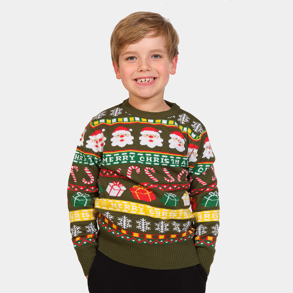 Maglione Natalizio Verde con Babbo Natale e Regali Bambini
