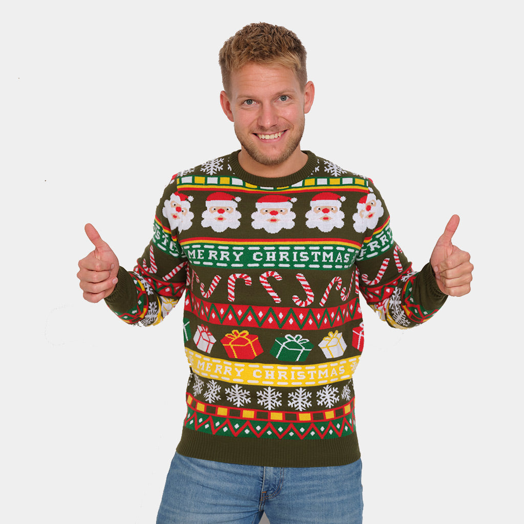 Maglione Natalizio Verde con Babbo Natale e Regali uomo
