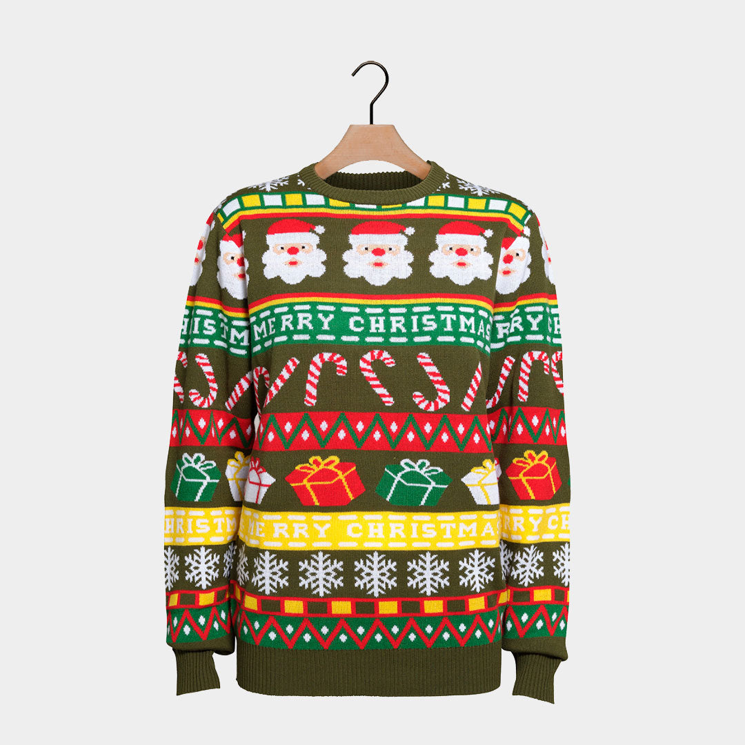 Maglione Natalizio Verde con Babbo Natale e Regali
