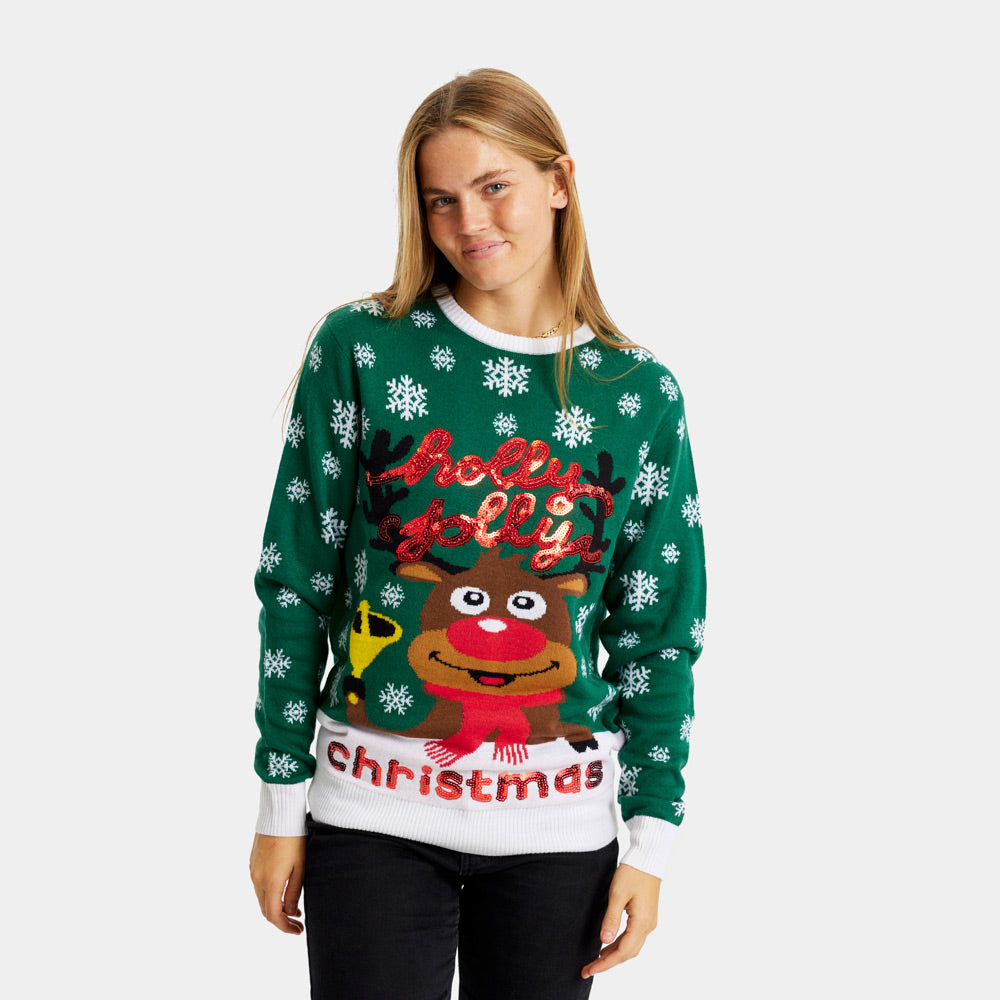 Maglione Natalizio Verde da Donna Holly Jolly con Paillettes
