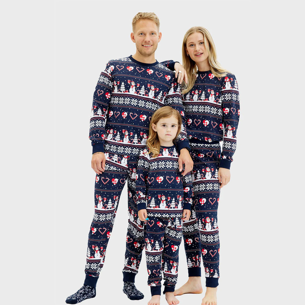 Pigiama Natalizio Famiglia Blu Pupazzi di Neve e Cuori