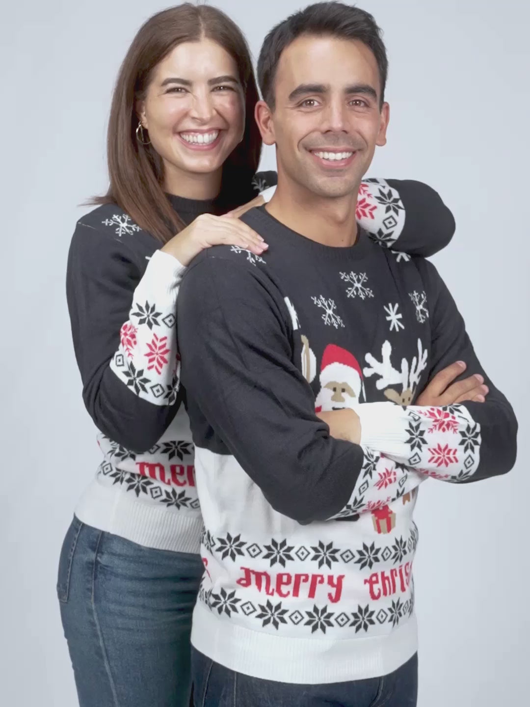 Maglione Natalizio Donna e Uomo Blu con Babbo Natale e Renna Rudolph