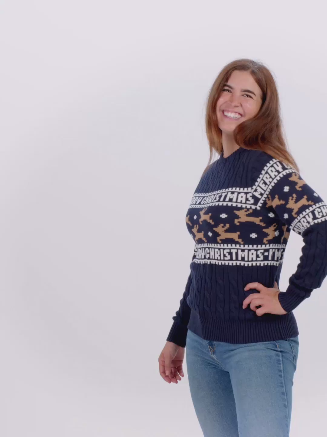 Maglione Natalizio da Donna e Uomo in Cotone Biologico Elegante Blu con Renne