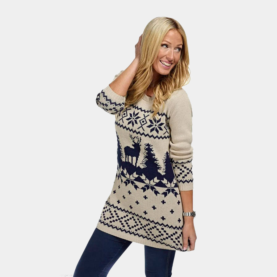 Vestito Natalizio da Donna Classico Beige e Blu Navy
